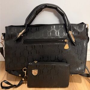 Black Embossed Tote with Matching Wristlet + off shoulder- Sleek Everyday Carry